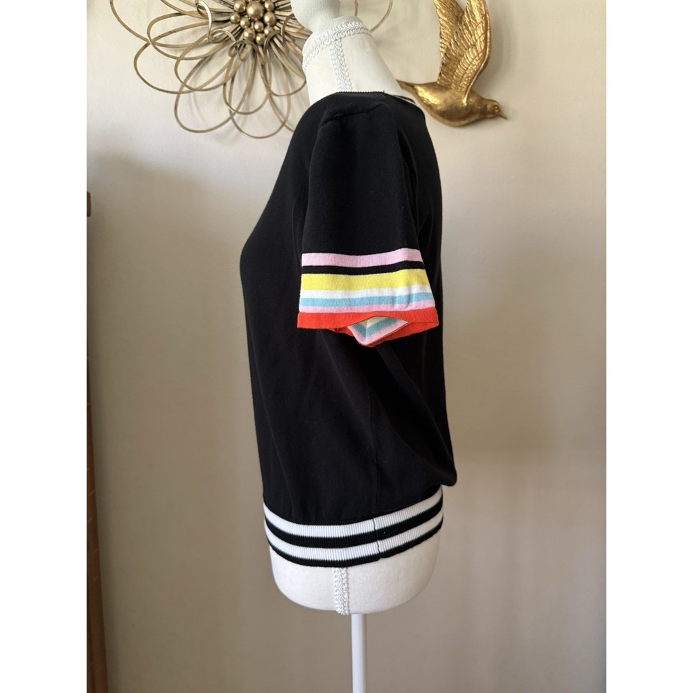 THML Black Knit Sweater Top Rainbow Stripe Sleeve Cuffs Women's Small Preppy - Picture 3 of 9